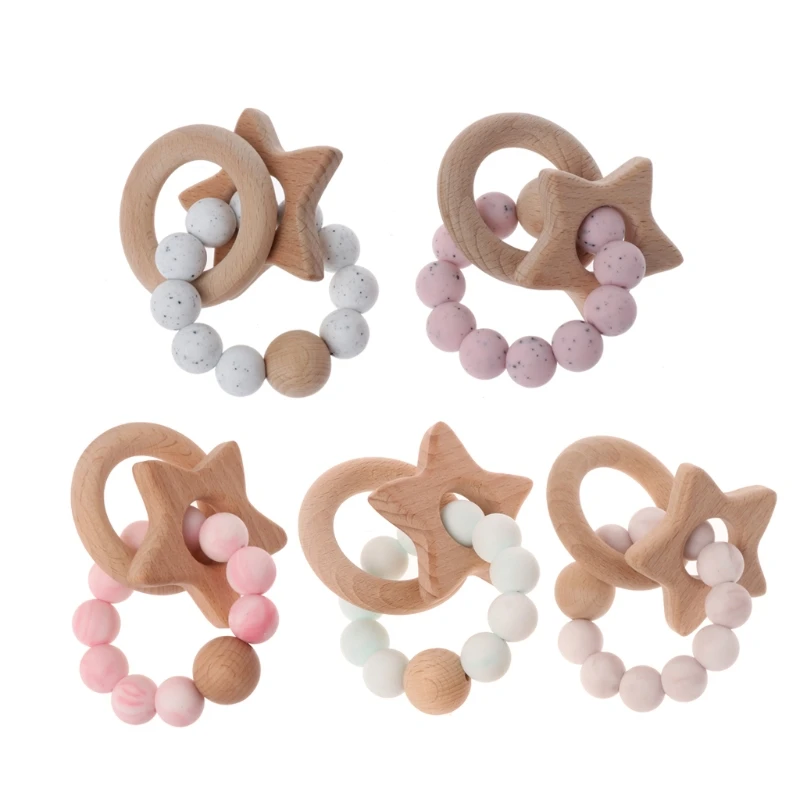 

Baby Teether Rings Beech Wood Teething Ring Bracelet Silicone Teethers Chew Toys XX9E