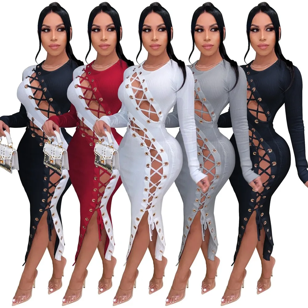 

Sexy Hollow Out Bangdage Club Dress Women Party Outfits See Through Dresses Stretchy Stripe Fabric Long Sleeve Designer Clubwear