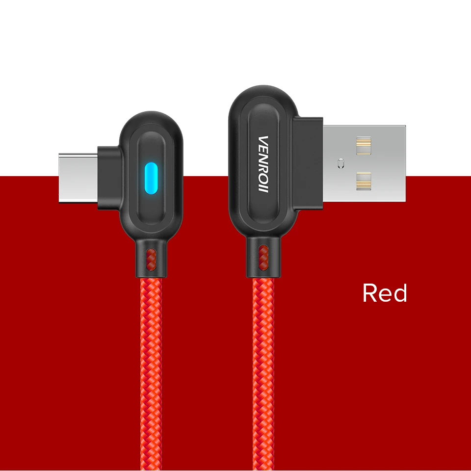 Venroii 1 м 2 м usb type C кабель светодиодный провод для быстрой зарядки для samsung huawei Xiaomi Andriod 90 градусов зарядное устройство для мобильного телефона