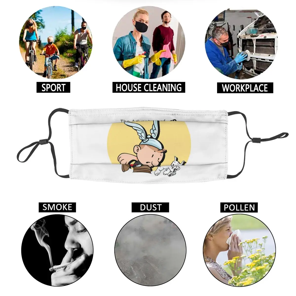 

Tin Tin Meets Up Asterix And Obelix Non-Disposable Mouth Face Mask Anti Haze Anti Dust Protection Cover Respirator Mouth Muffle