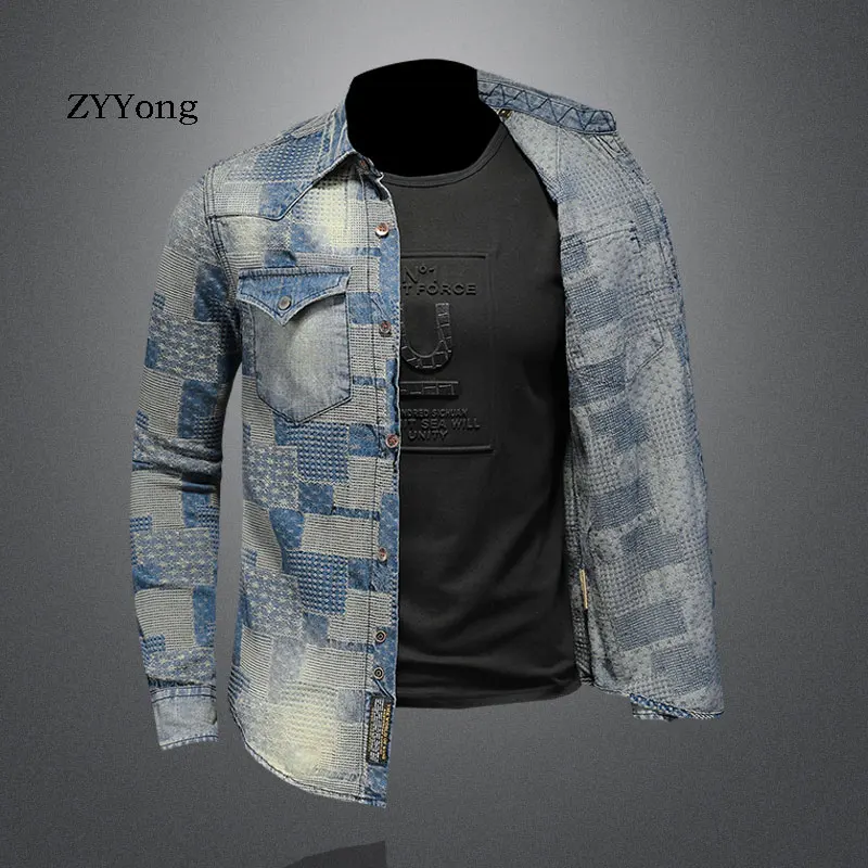 2021 Spring Jeans Shirt Men Denim Shirts 100% Cotton Lapel Long Sleeve Slim Lattice Casual Moto Light Blue Cowboy Thin Coat