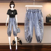 summer new fashion women elastic waist loose vintage blue ripped jeans button design cotton denim harem pants plus size l 4xl