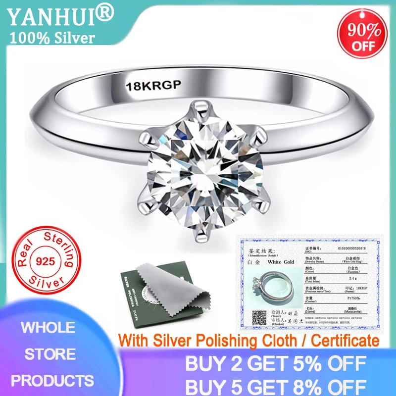 Женское Обручальное Кольцо YANHUI роскошь кольцо из натурального серебра 925 пробы с