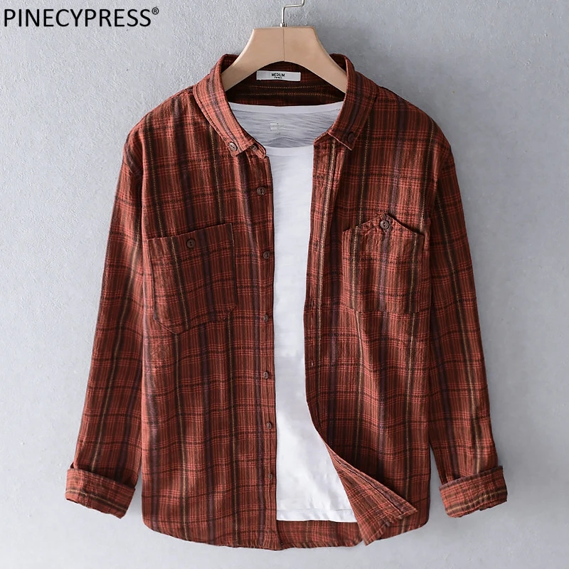 

100% Cotton Anti-static Man Casual Shirt Quality Spring Autumn Male Pockets Plaid Checked Fashion Long Sleeve Men Shirts