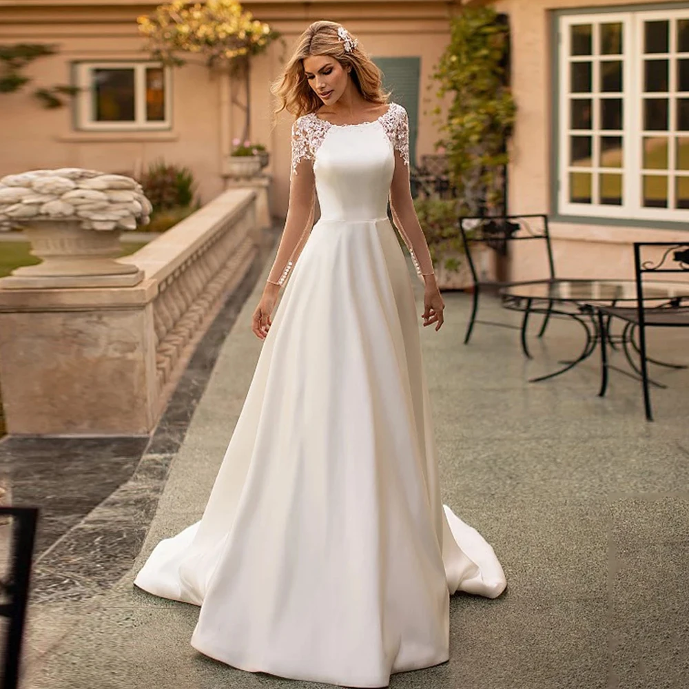 

O-Neck Full Sleeve Appliques Button Wedding Dresses Floor Length Elegant A-Line Gowns Платья Vestido Novia