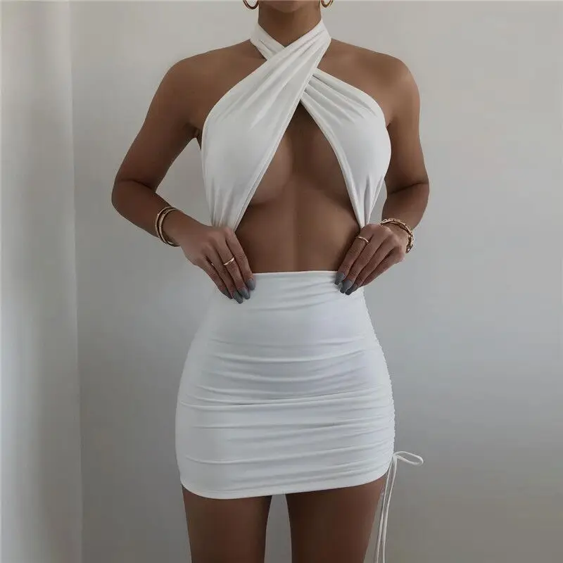

Summer Club Wild Solid Color Hollow Women's Dress Sexy Tight Patchwork Street Dresses Halter Bandage Sleeveless Mini Beach Skirt