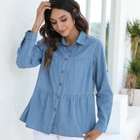 ruffled denim blouses elegant casual patchwork long sleeve women shirts 2022 new arrival solid loose fashion top cowgirl cy0112