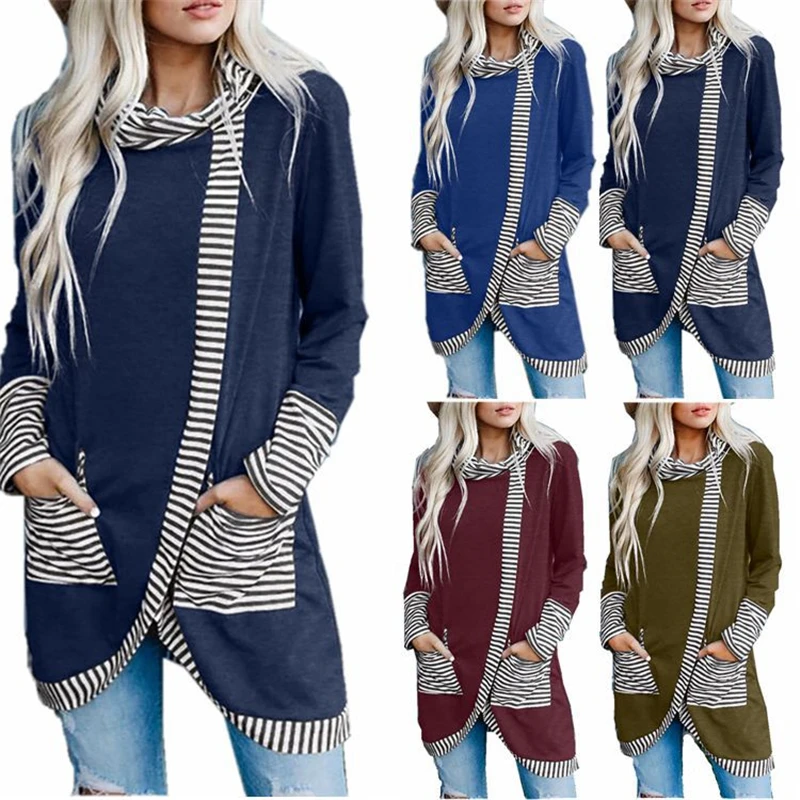 

Striped Patchwork Fashion Pile Collar T-Shirt Women Autumn Long Sleeve Plus Size Irregular Long Tshirt Casual Loose Pullover Top
