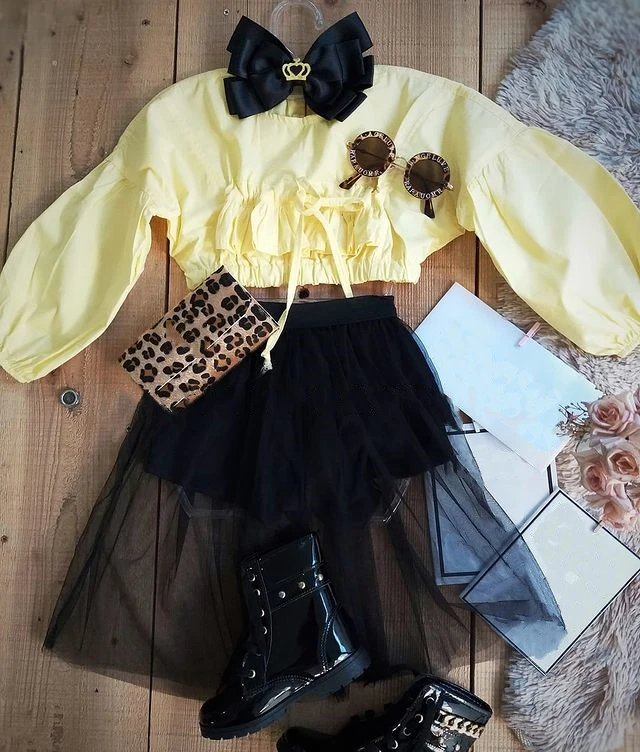 Kid Girls Sweet 2PCS Clothes Set Yellow Round Collar Long Sleeve Ruffle Crop Tops and Black Yarn Skirt Summer Outfits