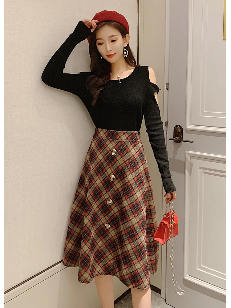 Женская винтажная шерстяная юбка Повседневная Длинная клетчатая средней длины с
