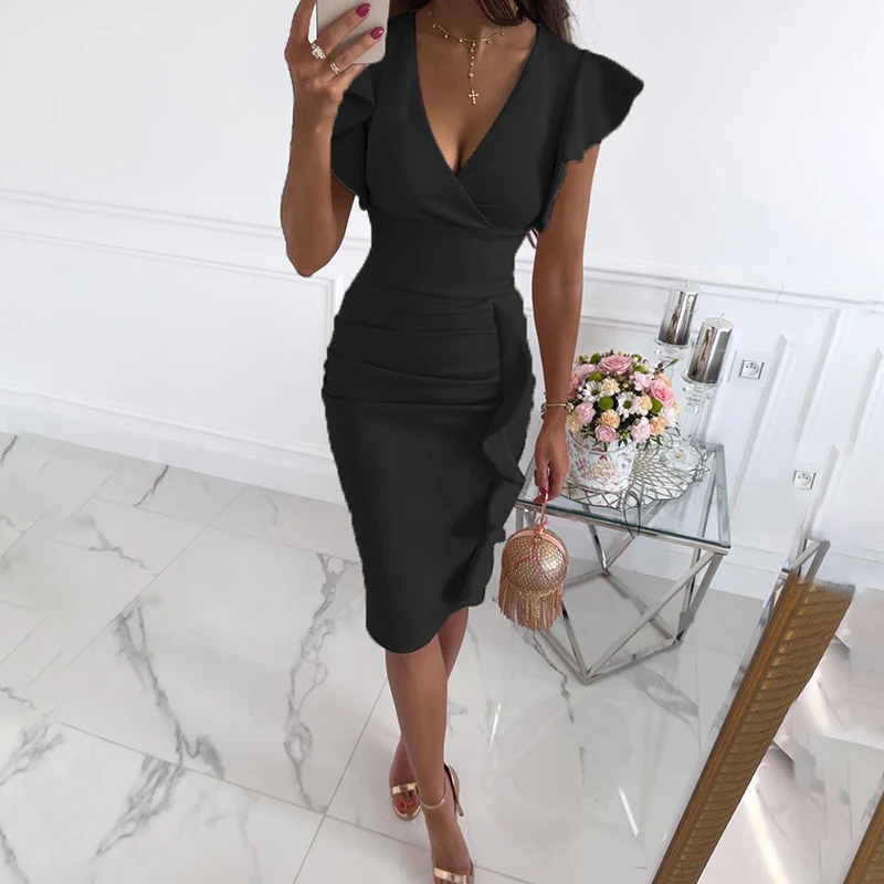 

Dresses For Women Summer 2021 With Ruffles V-Neck Style Wrap Dress Sexy Party Dress Female Solid Color Slim Bodycon