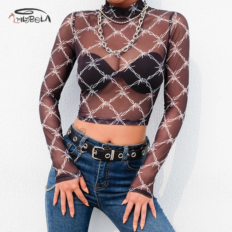 Imily Bela Sexy Mesh Crop Top Women Long Sleeve Stand Collar Print T Shirt Fashion Transparent Short T-shirt Femme Streetwear | Женская