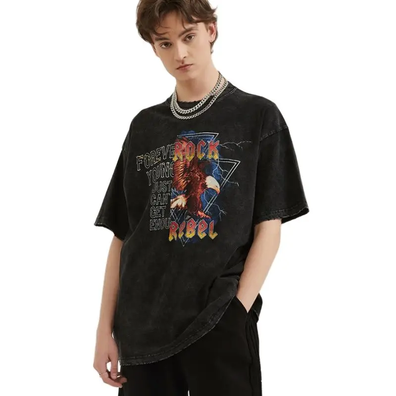 

Hip Hop Rock Style Retro Men Washed Black T Shirt Short Sleeve Tshirt Dress Oversized Women Vintage Clothes Dark Streetwear 2021