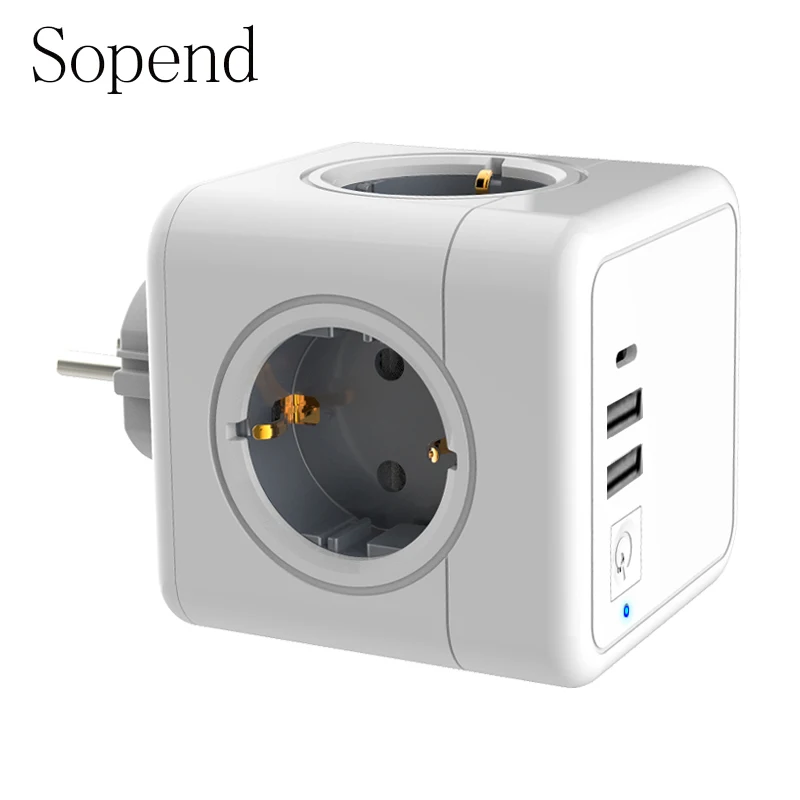 Sopend Gray Power Strips Plug Socket Extension EU With Multi Outlet 4 Smart Ports Powercube 16A 3640W Switch and Type C | Электроника