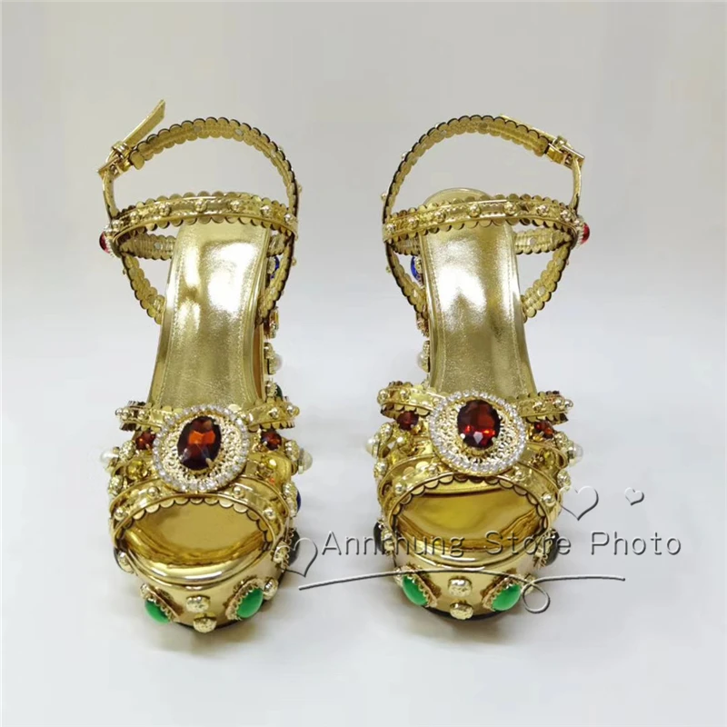 Женские сандалии гладиаторы красочные стразы на массивной платформе и высоком