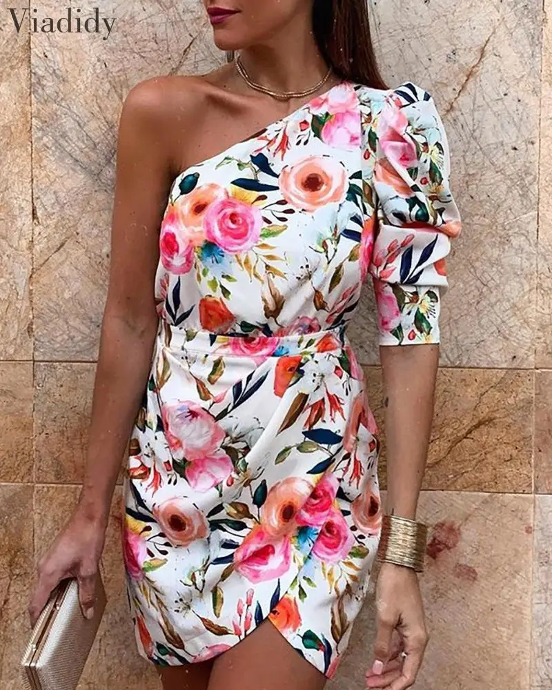 

Summer One Shoulder Floral Print Mini Dress Office Lady Pleated Printed Bodycon Dress