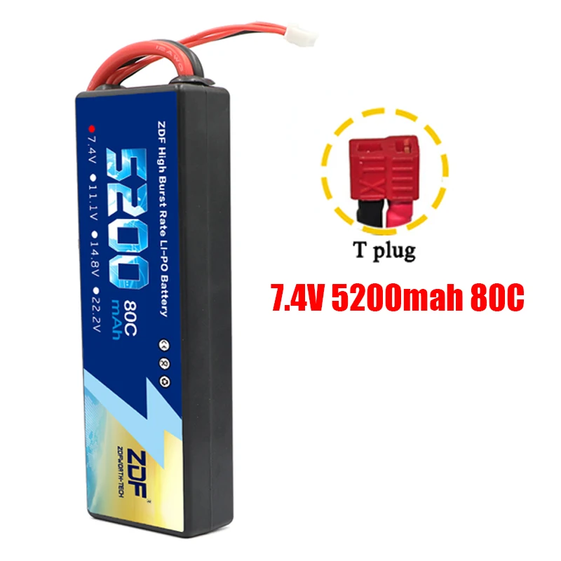 2S5200mah T plug ZDF Lipo Аккумулятор 7,4 V 11,1 V 14,8 V 5200mah 6200mah Hardcase 2S 3S 4S 80C 160C 1/10 1/8 весы для Traxxas Slash 4x4 RC автомобилей лодки - Color: 2S5200mah T plug