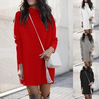 simple mini dress round neck lady solid color o neck sweater dress women dress sweater dress