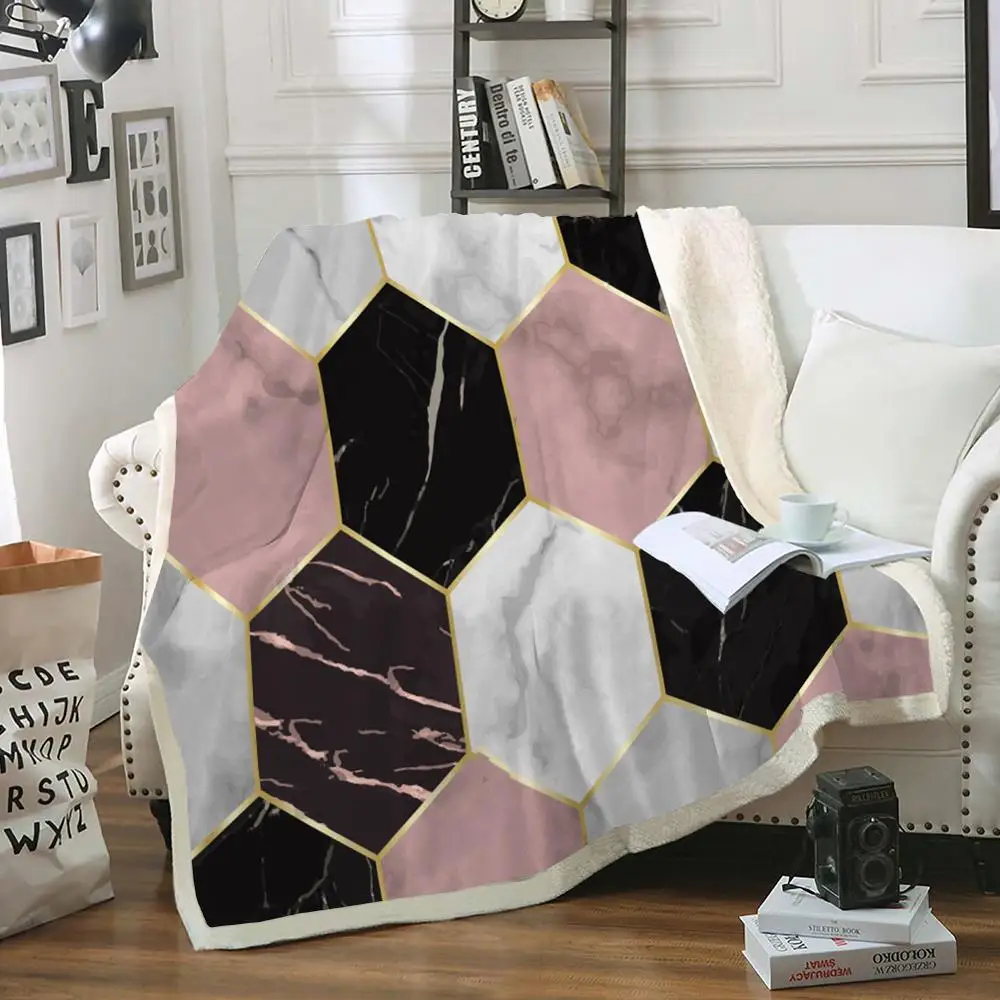 

Мраморное покрывало на кровать, геометрическое Флисовое одеяло из шерпы, розовое покрывало, Белое и черное одеяло