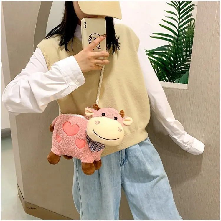 

Новое поступление 2021, 4 цвета, Симпатичные плюшевые розовые сумки через плечо из коровьей кожи, Мультяшные милые сумки через плечо, женская с...