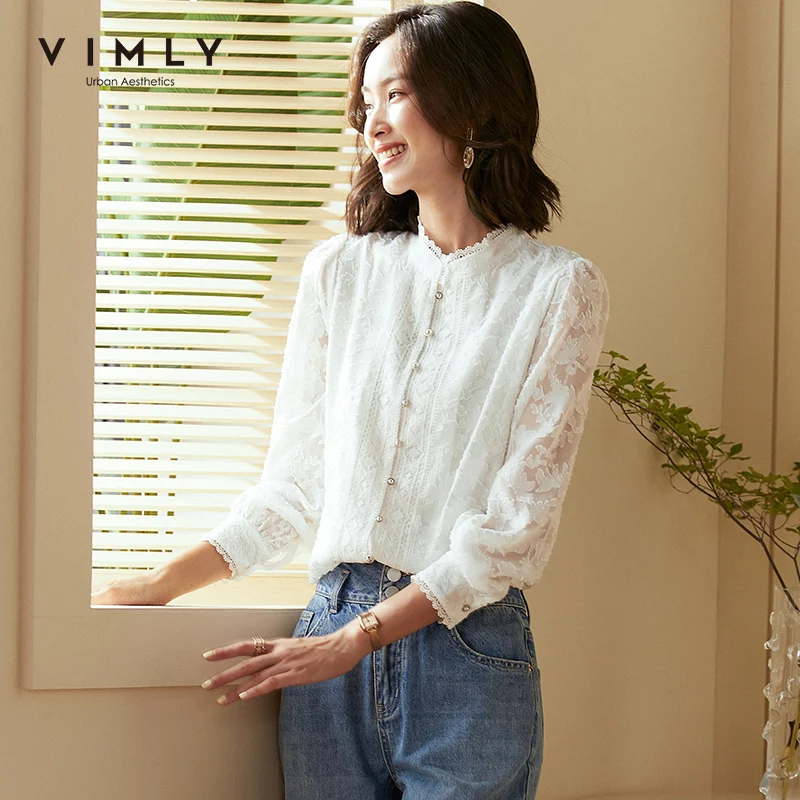 Кружевная блузка Vimly 2020 Женские винтажные однотонные рубашки с воротником