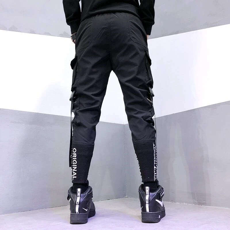 

Hop Hip Men Ribbons Cargo Pants Fashion Harajuku 2021 New Elastic Waist Casual Streetwear Mens Joggers Trousers Black