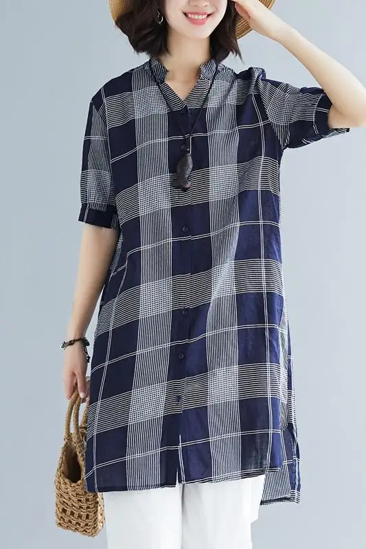 

COIGARSAM Casual Plaid Women dress New Summer Print Loose Dresses Navy 9010