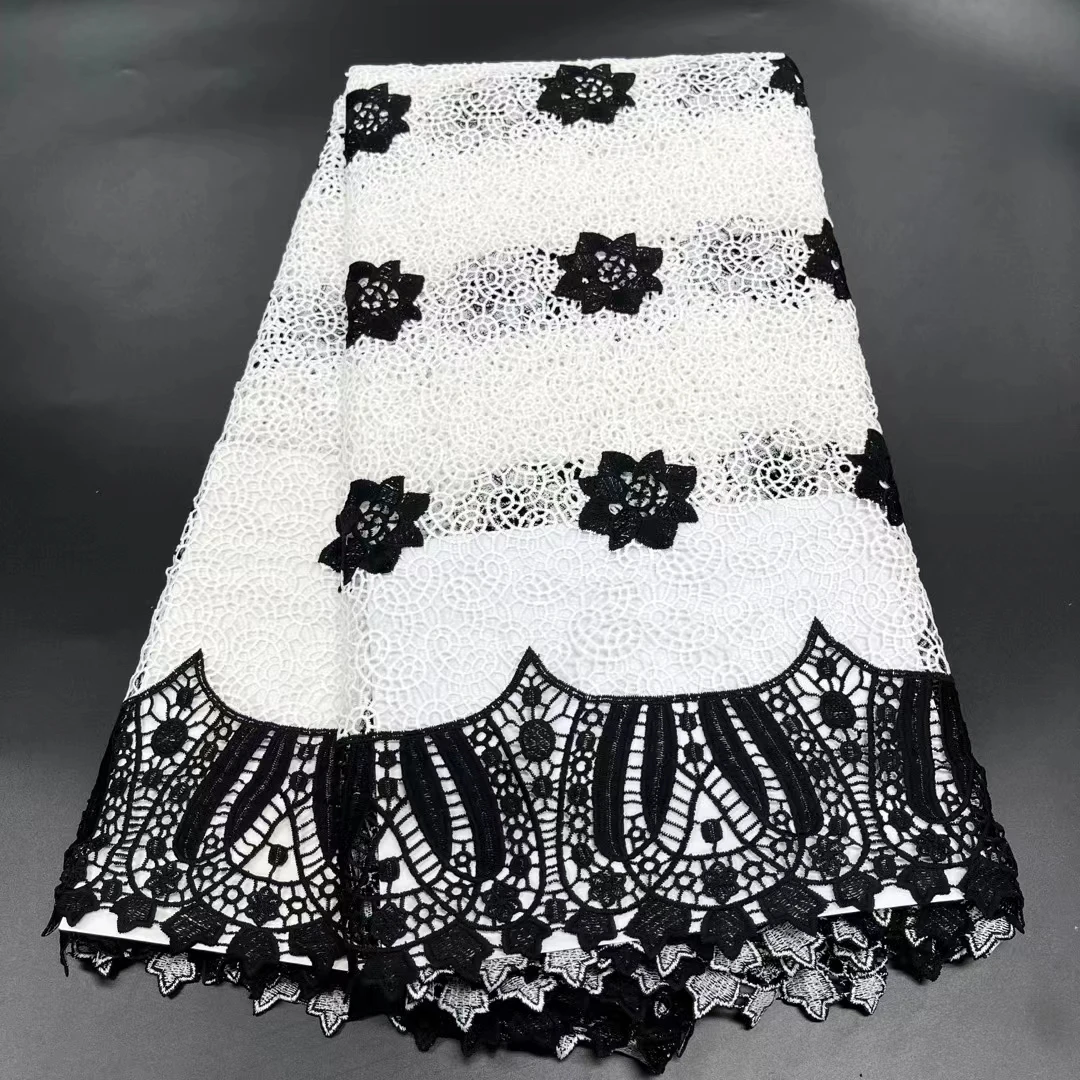 

Черно-белая молочная шелковая Кружевная Ткань 5 ярдов Африканский шнур кружевной материал для женского платья кружевная ткань из гипюра дл...