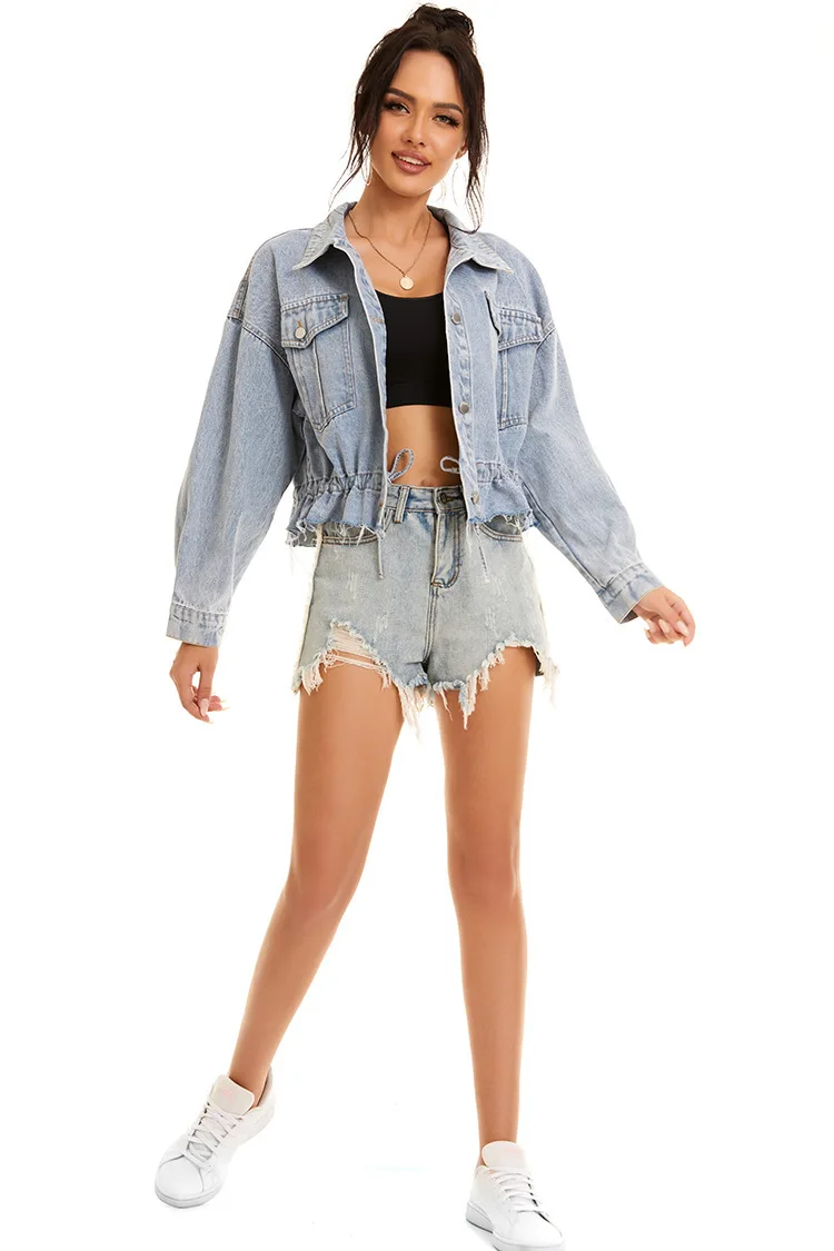 

Streetwear Blue Lace Up Denim Women Jacket Turn Down Long Sleeve Pocket Button Female Tops Spring Fashion Clothes