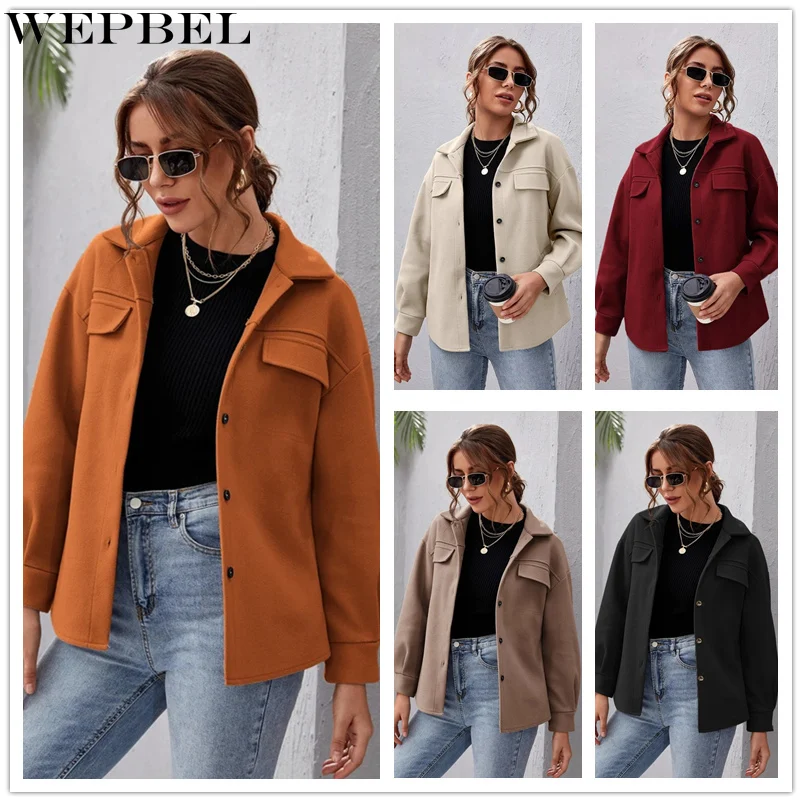 

WEPBEL Women's Single-breasted Woolen Coat Elegant Button Pocket Jacket Lady High Street Overcoat Loose Slim Jacket
