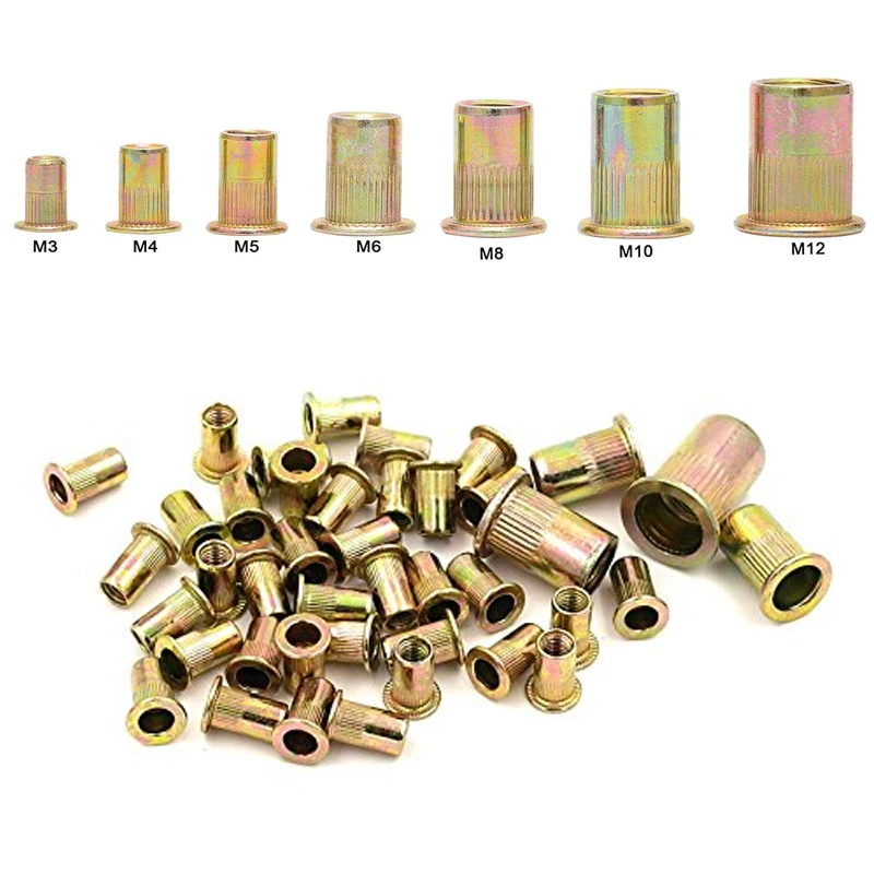

70 шт. M3 M4 M5 M6 M8 M10 M12 оцинкованная углеродистая Сталь гайкой с накаткой Rivnut плоской головкой заклепки с резьбой вставка из нержавеющей стали ...
