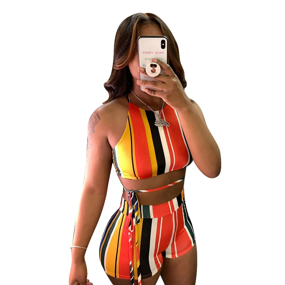 

RStylish Sexy Print Striped Women Outfit 2021 Summer Sleeveless Halter Bandage Backless Crop Top High Waist Shorts 2 Piece Set