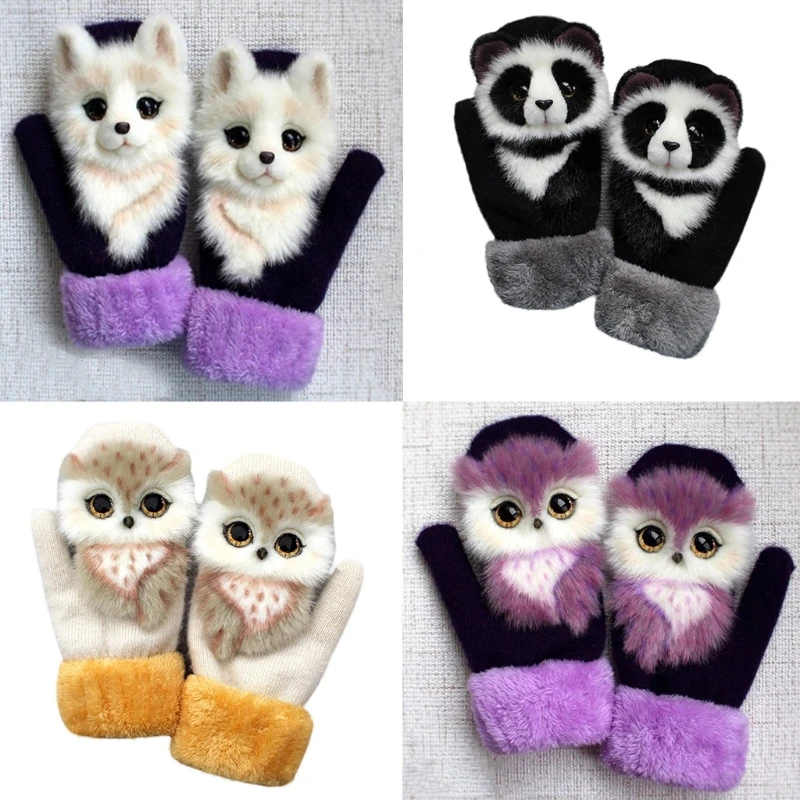 

Women Men Winter Knit Gloves Cute 3D Fluffy Cartoon Animal Decor Thickened Plush Lining Windproof Thermal Warm Mittens