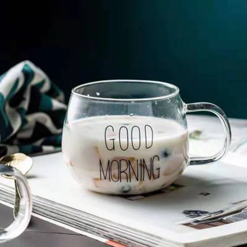 

Letter Printed Transparent Creative Glass Coffee Tea Drinks Dessert Breakfast Milk Cups Glasses Mugs with Handle Drinkware Gifts