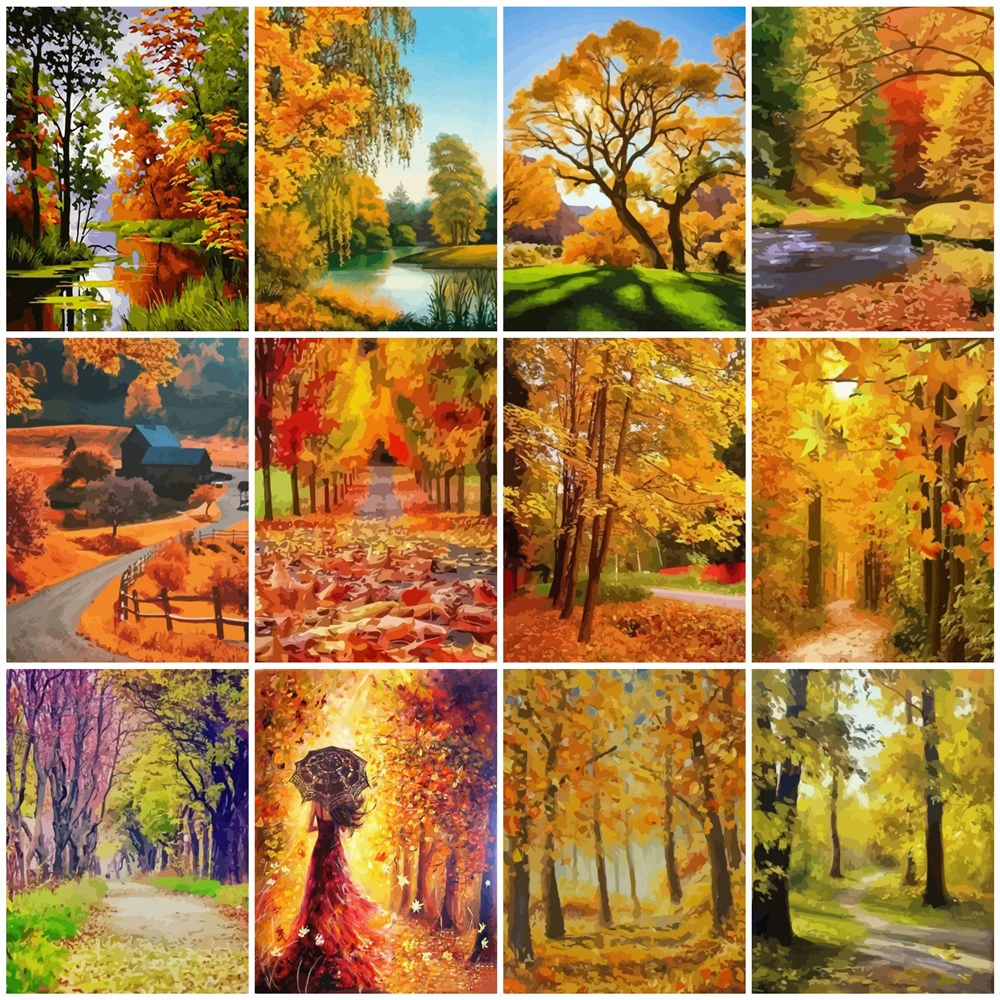 

Coloring By Number Autumn Landscape HandPainted Kits Drawing Canvas Pictures Oil Painting Home Decoration