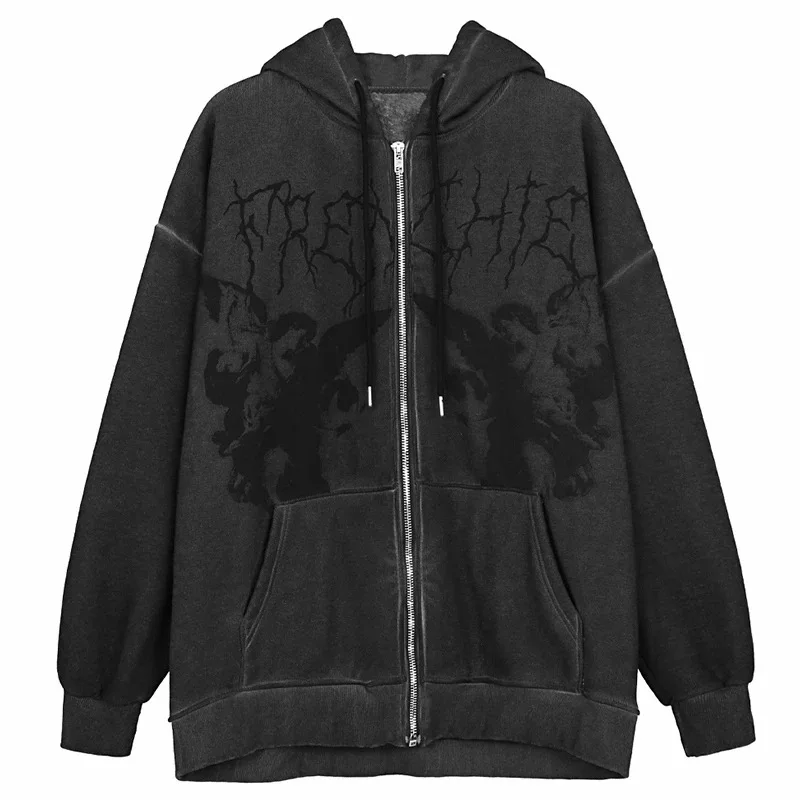 

Women's hip-hop streetwear hooded jacket angel dark print jacket coat Harajuku cotton jacket coat zipper y2k tops E-girl punk