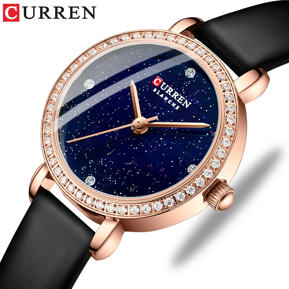 

CURREN Fashion Luxury Watches Women's Quartz Clock with Starry Sky Dial 2021 Leather Rhinestone Wristwatches Female