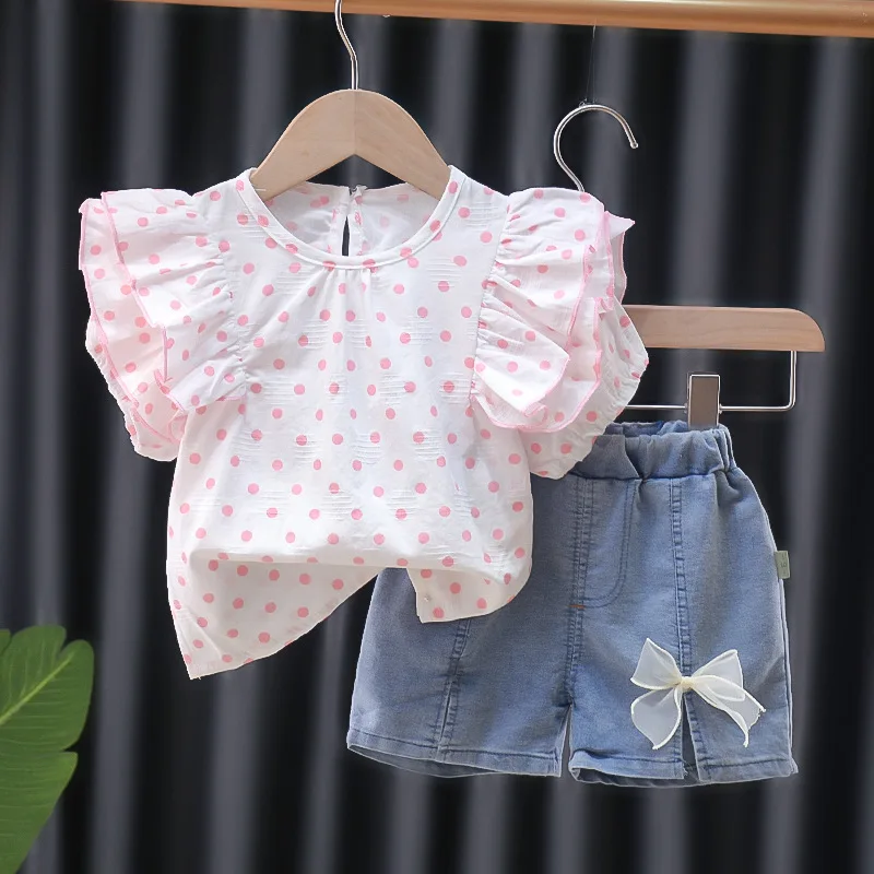 

Pomelo Bear Brand Clothing Suit Girls' Polka Dot Ruffled Short Sleeves Denim Cotton Shorts Children's Set