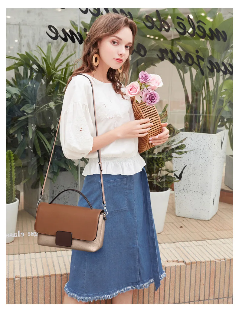 

2021 New Fashion Flap Shoulder Bags Genuine Leather Panelled Women Handbag Ladies Small Tote Hand Crossbody Bag Cheap