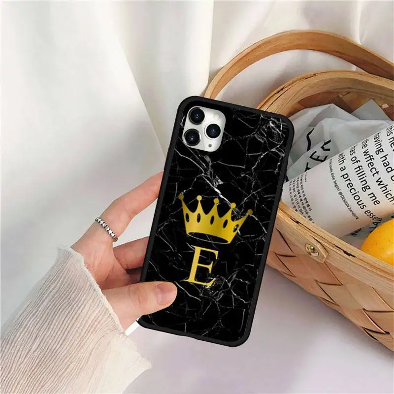 

Custom name Letter Black Marble Gold crown Phone Case for iPhone 11 12 pro MINI XS MAX 8 7 6 6S Plus X 5S SE 2020 XR