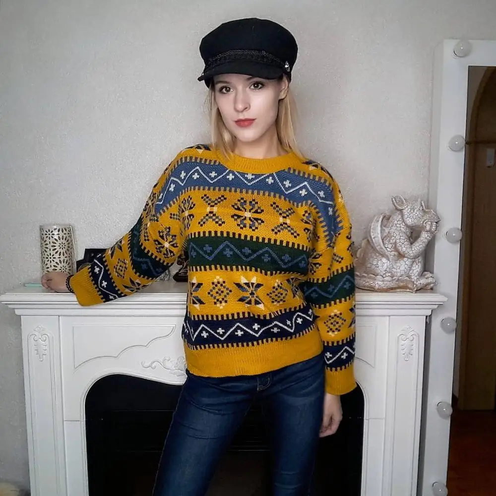 RUGOD Women 's Sweater Christmas O-neck Long Sleeve Vintage Loose Pullovers Casual Lady Fluffy 2019 Winter | Женская одежда