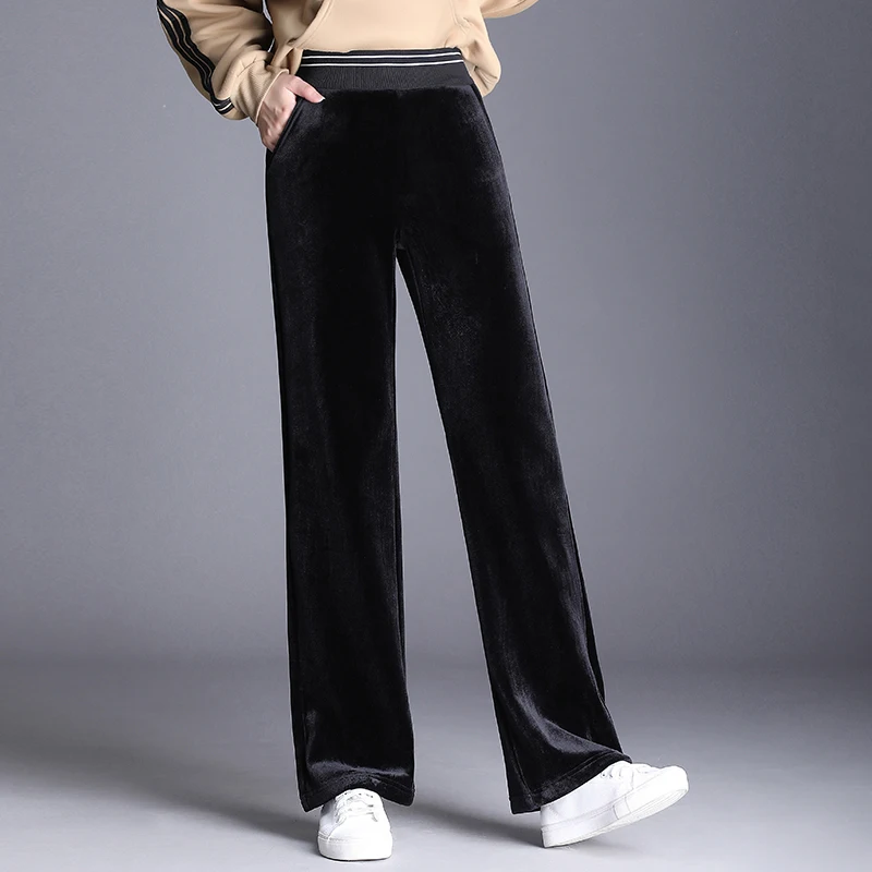 Зимние теплые длинные брюки с широкими штанинами черные флисовые свободные