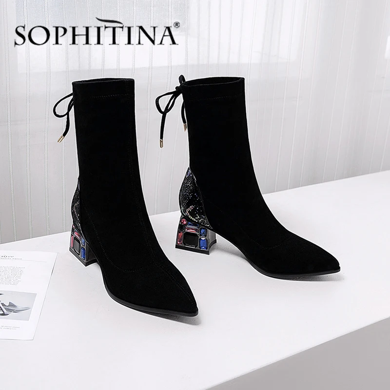 

SOPHITINA/Модные женские ботинки из флока; Новые дизайнерские разноцветные вечерние женские ботинки до середины икры на высоком каблуке со шнур...
