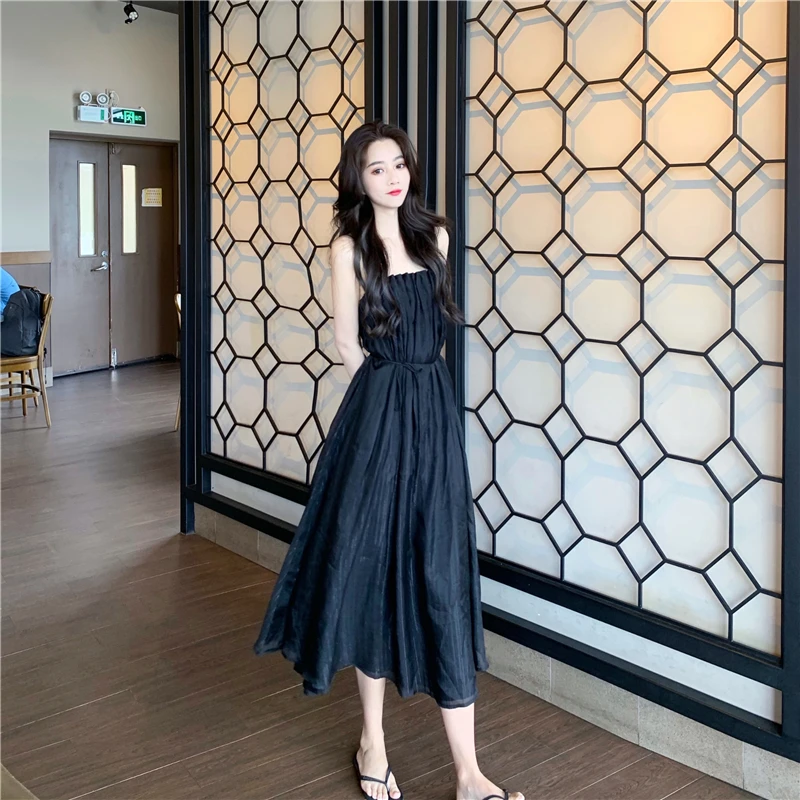 

Mazefeng 2020 New-Coming Spring Summer Holiday Dress Spaghetti Strap Backless Solid Temperament Ankle-Length Women Dresses