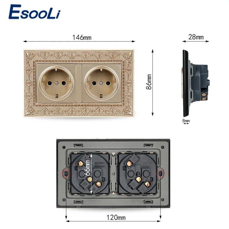 Esooli 16А двойное гнездо питания стандарта ЕС 4D тиснение Ретро цинковый сплав