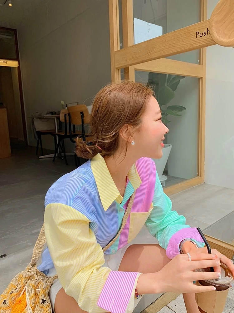 

2021 Women Fashion Contrast Color Striped Print Smock Blouse Office Ladies Breasted Casual Shirts Chic Blusas Tops