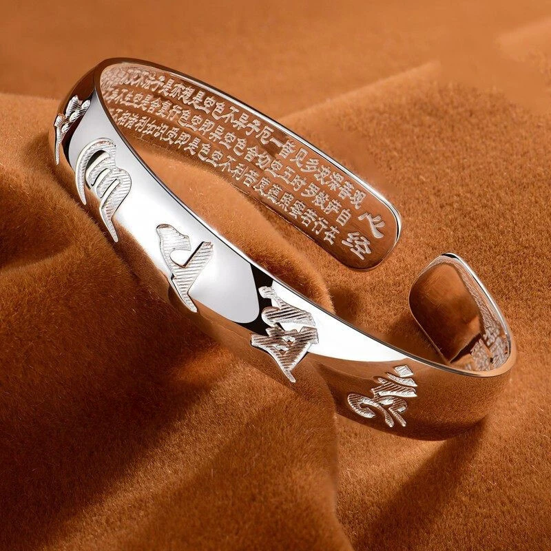 

New Chinese Style Retro Silver Men's And Women's Bracelets Couple Opening Adjustable Bracelet Six-character Heart Sutra