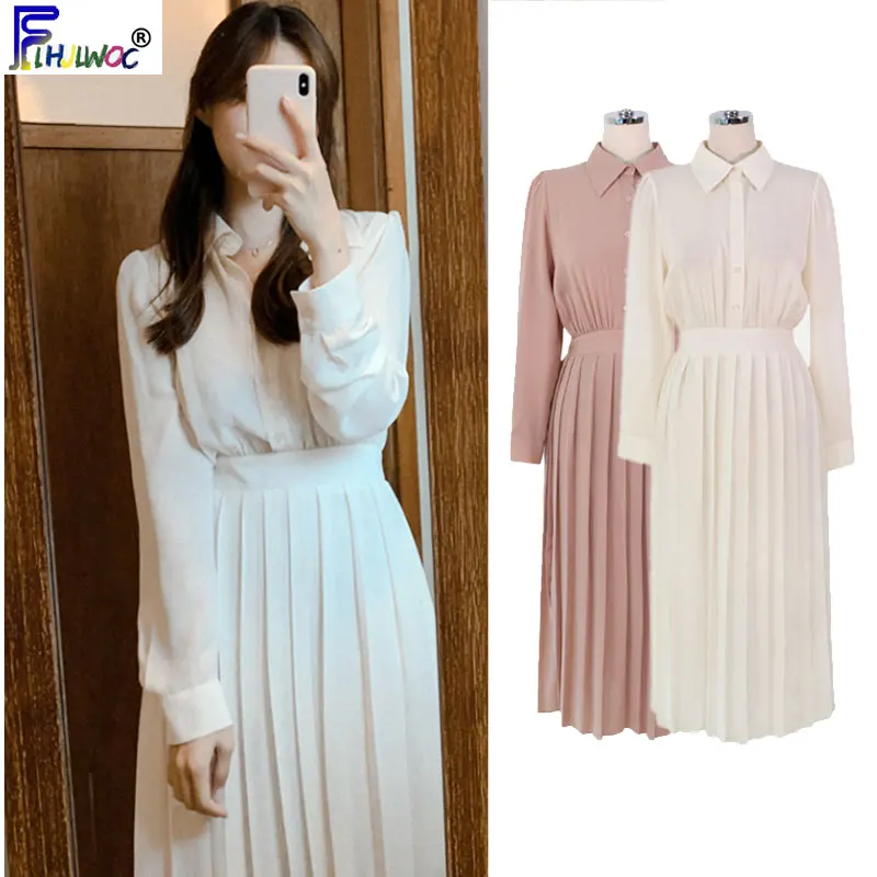 Плиссированные платья красивые женские с длинным рукавом милые элегантные