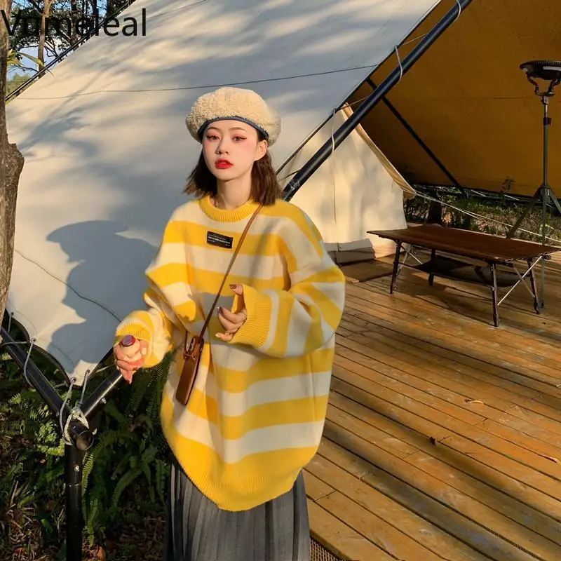 

School style stripe sweater sweater female students Korean loose medium long salt BF style long sleeve jacke sweater women