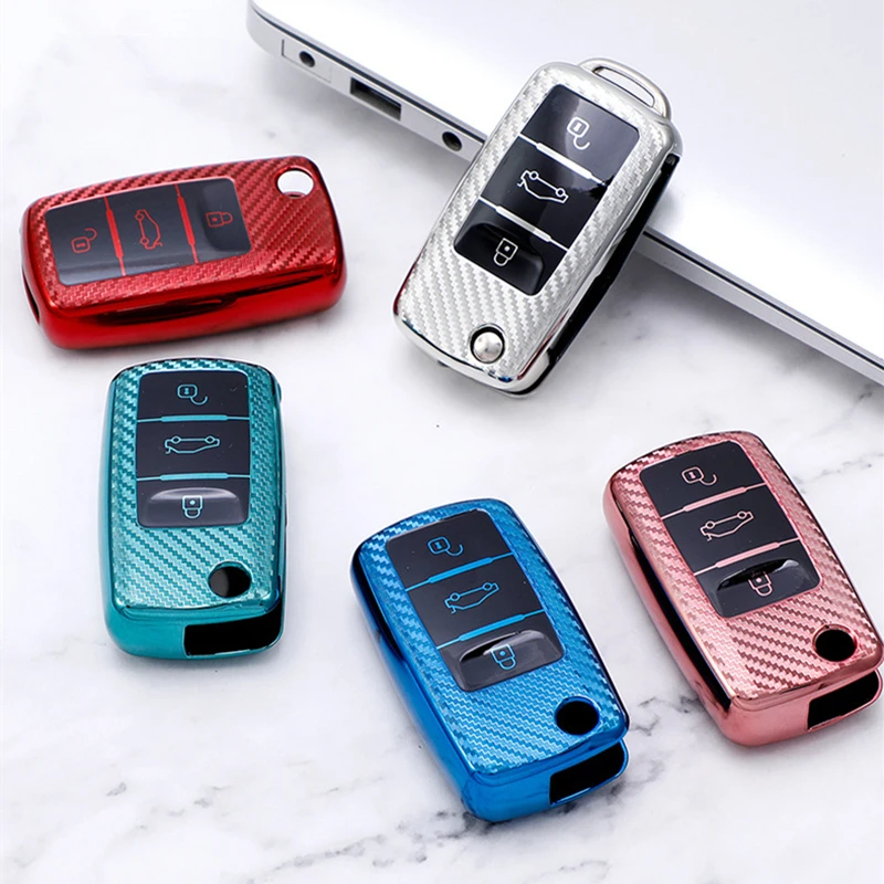 

Colorful Carbon Fiber TPU Full Cover Car Key Case Shell For VW Volkwagen Polo Bora Tiguan Passat Golf 6 Lavida Auto Accessories